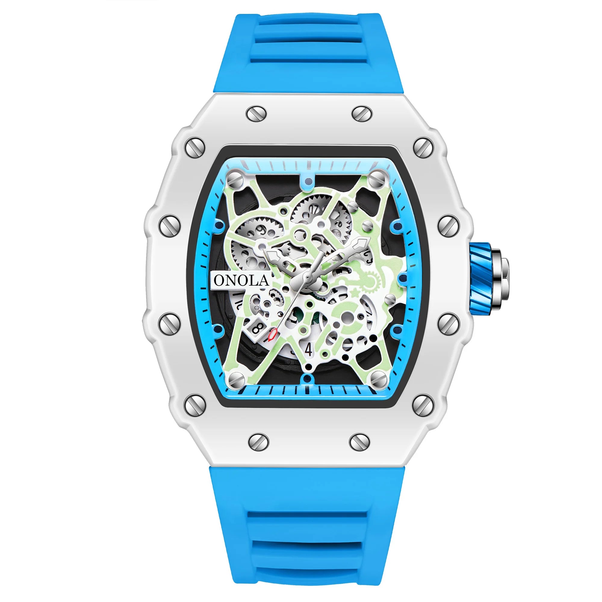 Skeleton Sport Luxury Watch showcasing an intricate design with blue rubber strap and open-worked dial.
