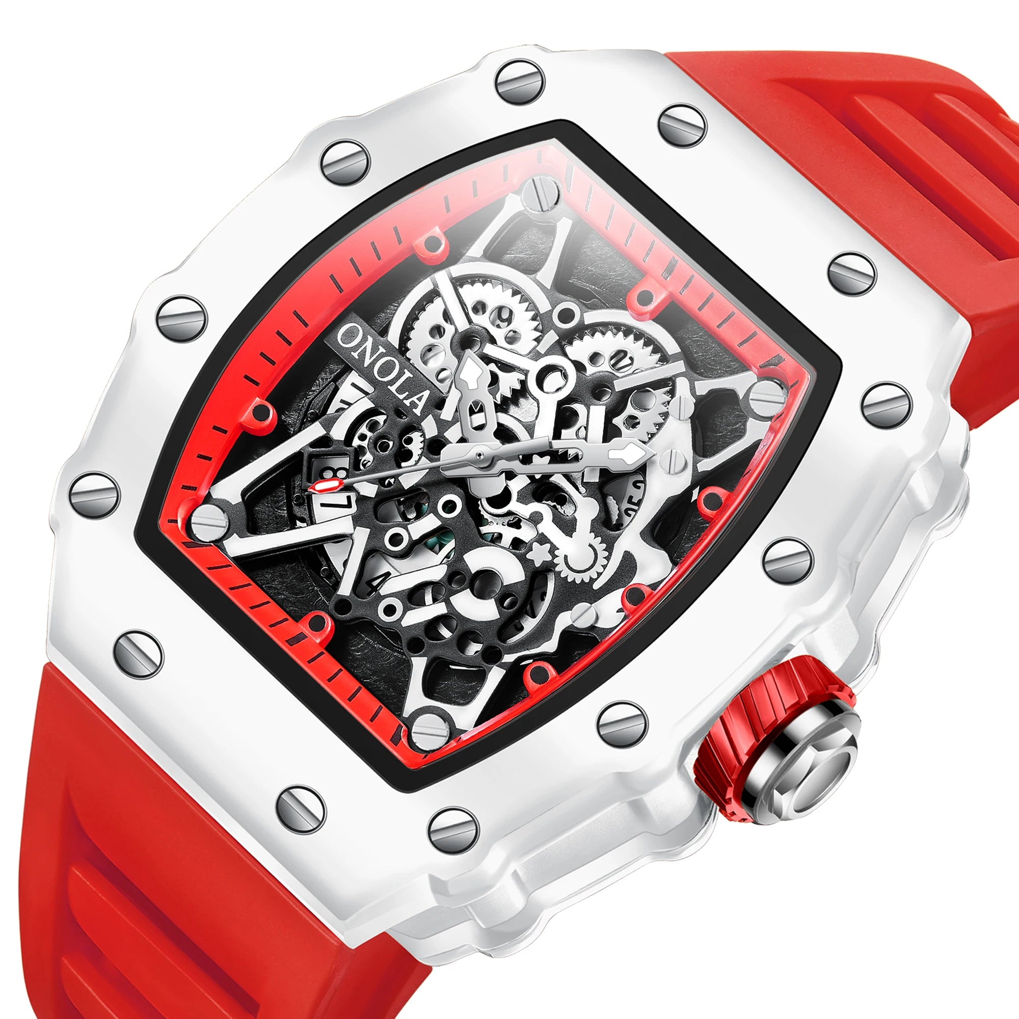Skeleton Sport Luxury Watch featuring an open-worked dial with red accents and a bold tonneau-shaped case.
