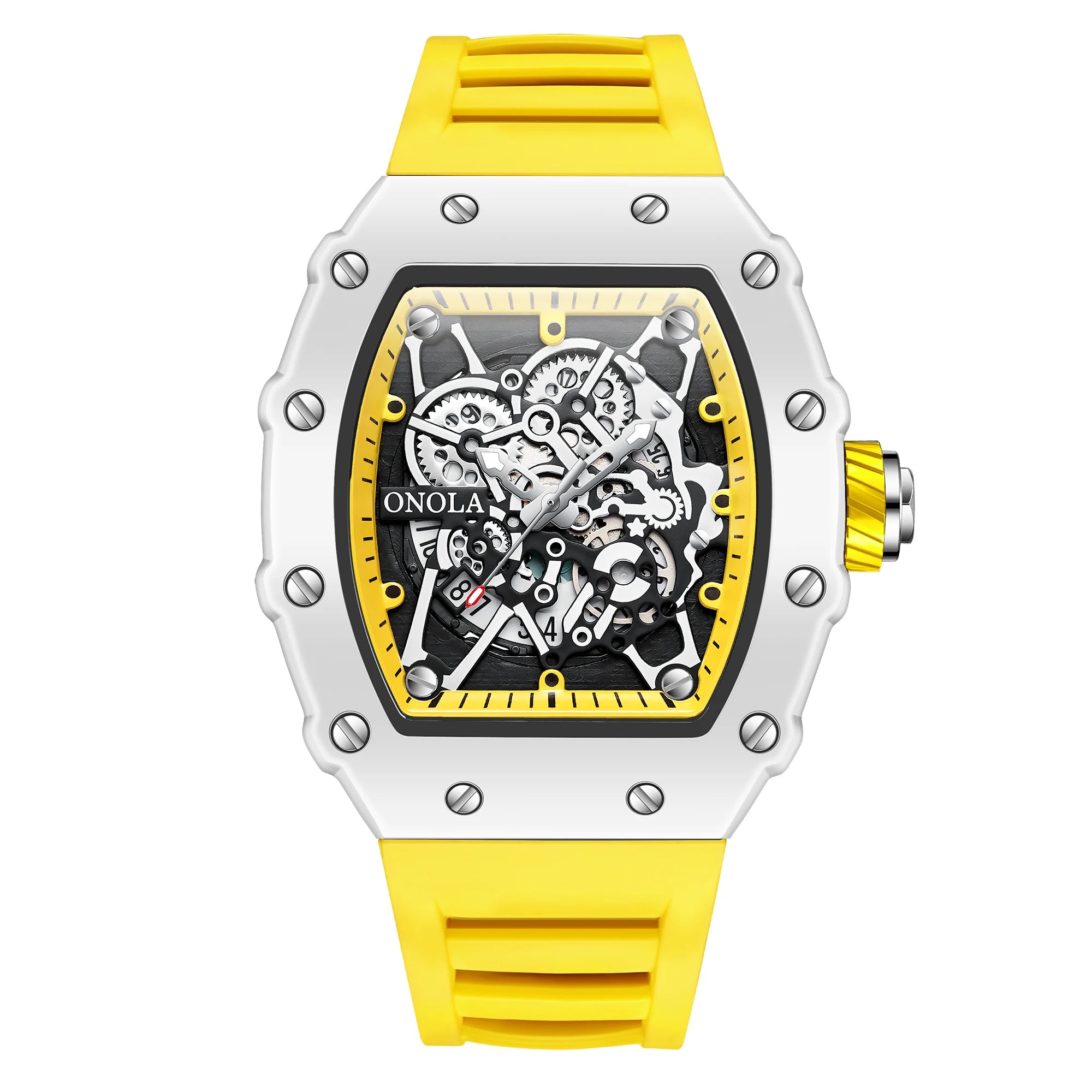 Skeleton Sport Luxury Watch with yellow strap and intricate mechanical details visible through open-worked dial.