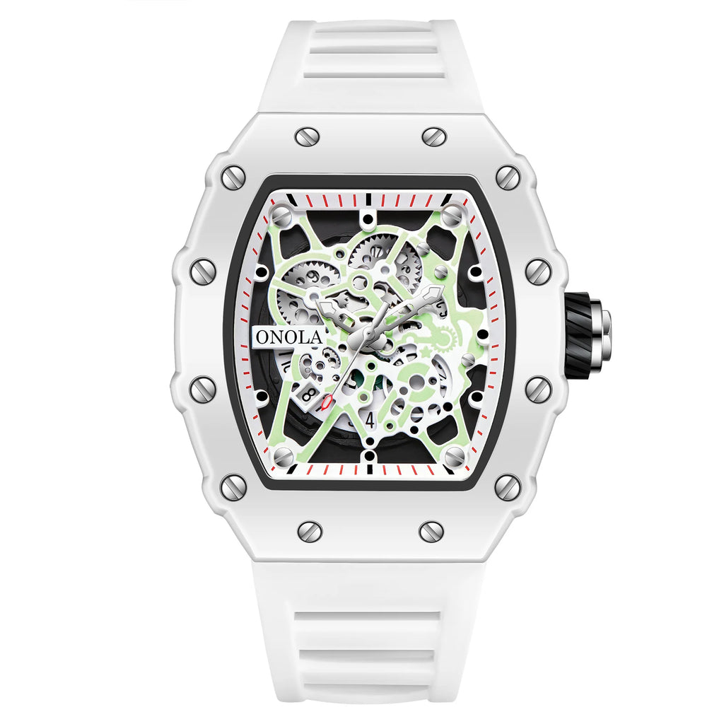 Skeleton Sport Luxury Watch with open-worked dial and striking white design.