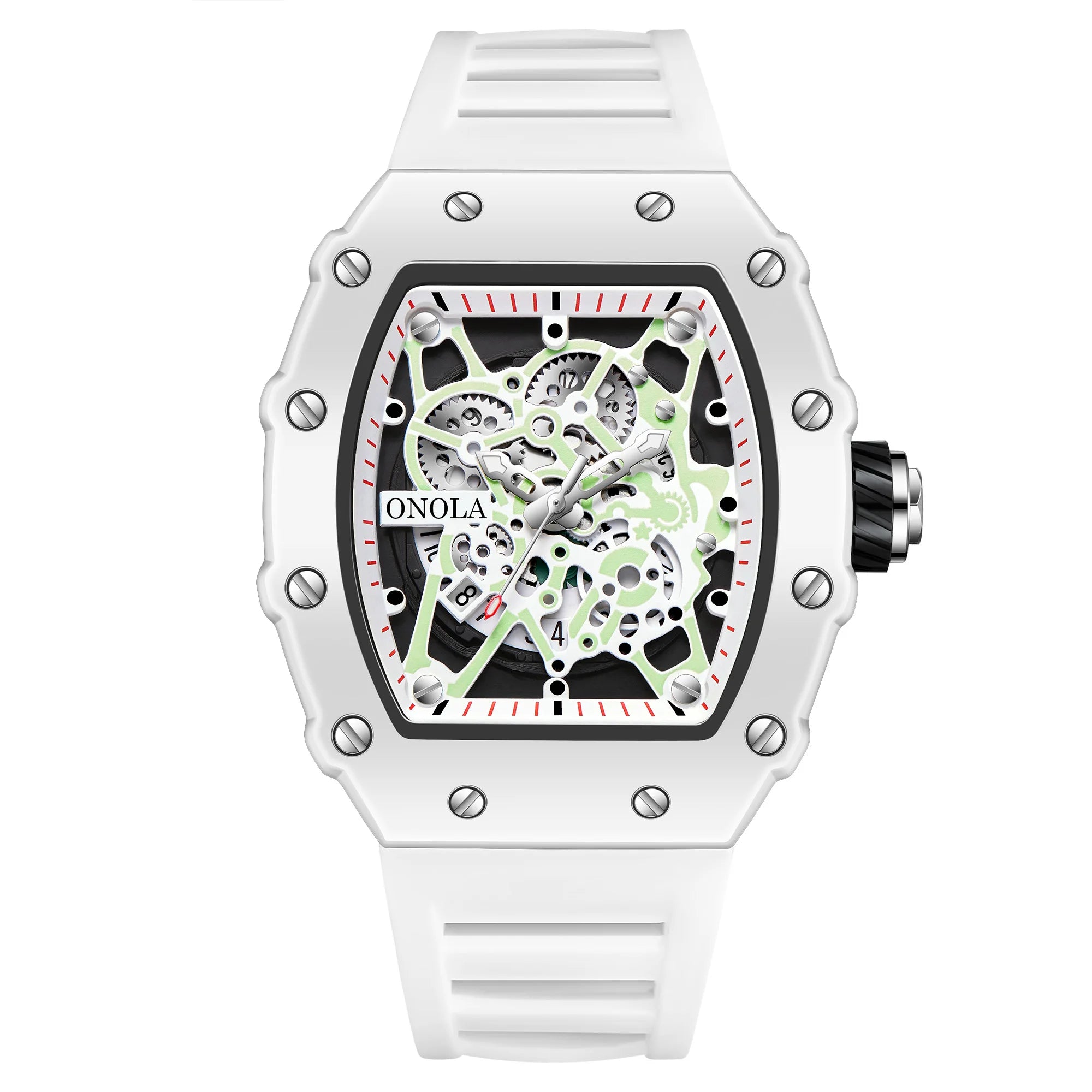 Skeleton Sport Luxury Watch with open-worked dial and striking white design.