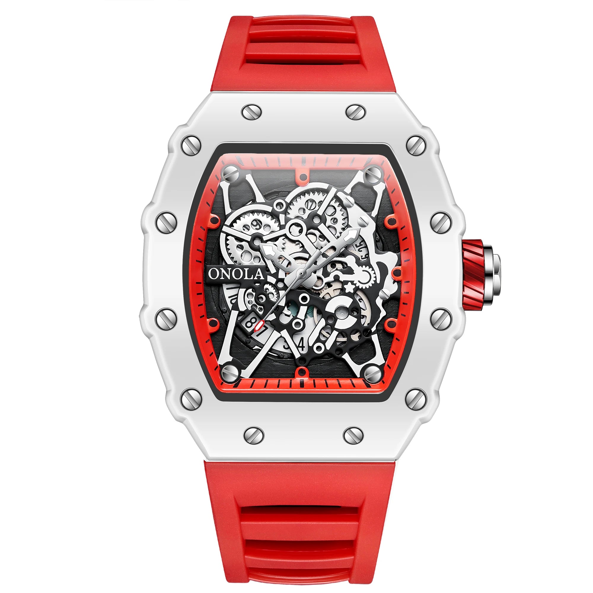 Skeleton Sport Luxury Watch with a bold red finish and open-worked dial showcasing intricate mechanics.